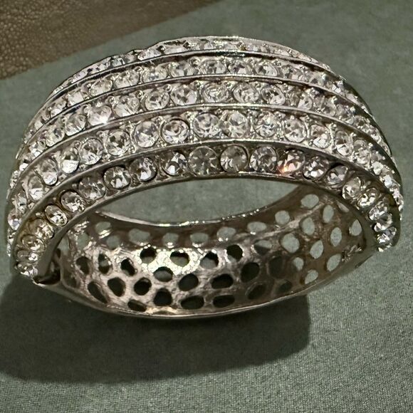 WIDE SILVER RHINESTONE HINGED CUFF BRACELET – 2.5” x 2.7” STATEMENT BANGLE - Picture 10 of 17